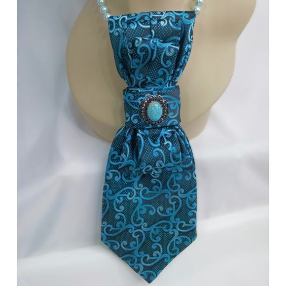 Artisan Vintage Tie Necklace Upcycled Pearl Accents Shades of Teal Blue Gray NEW - Picture 4 of 13